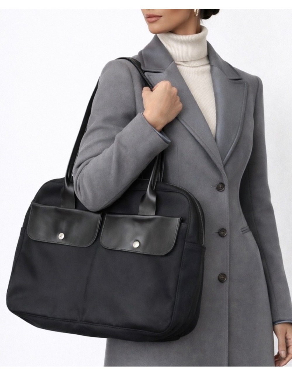 Longchamp Laptop Bag - Black, Front Snap Pockets Leather Accents Silvertone